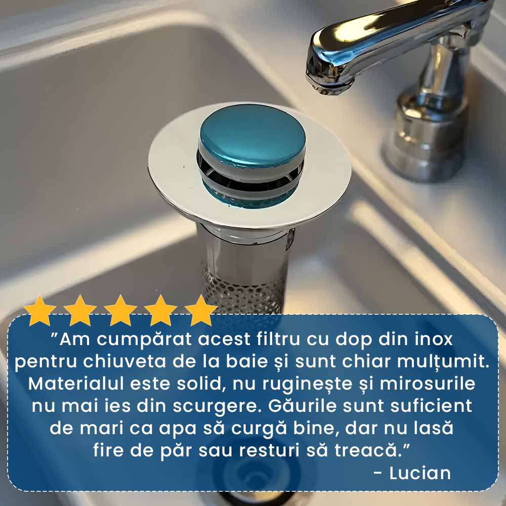 AquaDop – Dop Anti-Înfundare din Inox, Filtru Integrat, Potrivit pentru Scurgeri 3,2–4 cm