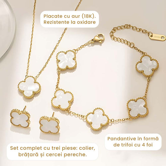Amelie - Set Colier, Cercei și Brățară Placat cu Aur 18K - Trifoi Alb Perlat