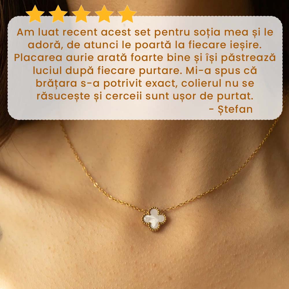 Amelie - Set Colier, Cercei și Brățară Placat cu Aur 18K - Trifoi Alb Perlat