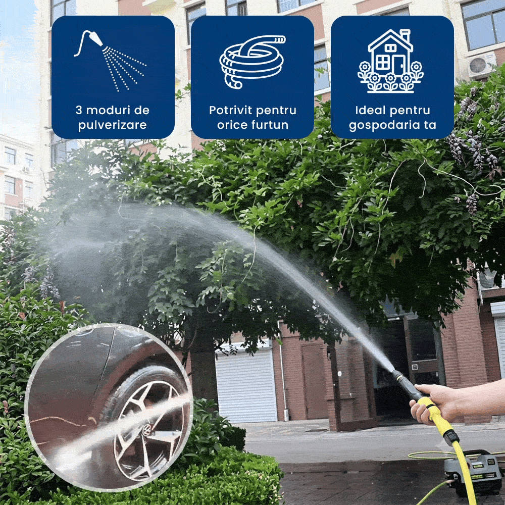 AquaJet Pro – Duză de Presiune Reglabilă cu 3 Moduri pentru Orice Furtun
