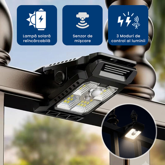 SolarClip Pro – Lampă Solară cu Clemă și Senzor de Mișcare pentru Exterior