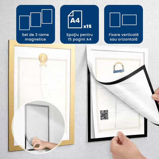 MagiRama – Set 3 Rame A4 cu Prindere Magnetică, fără Găuri în Perete