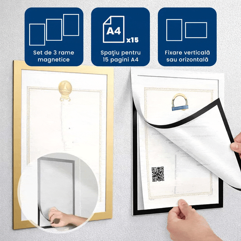 MagiRama – Set 3 Rame A4 cu Prindere Magnetică, fără Găuri în Perete