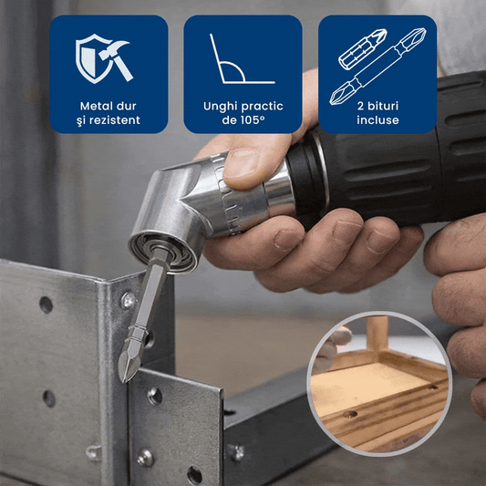 ȘuruFlex Pro – Adaptor Unghi Drept pentru Bormaşină cu 2 Bituri Incluse