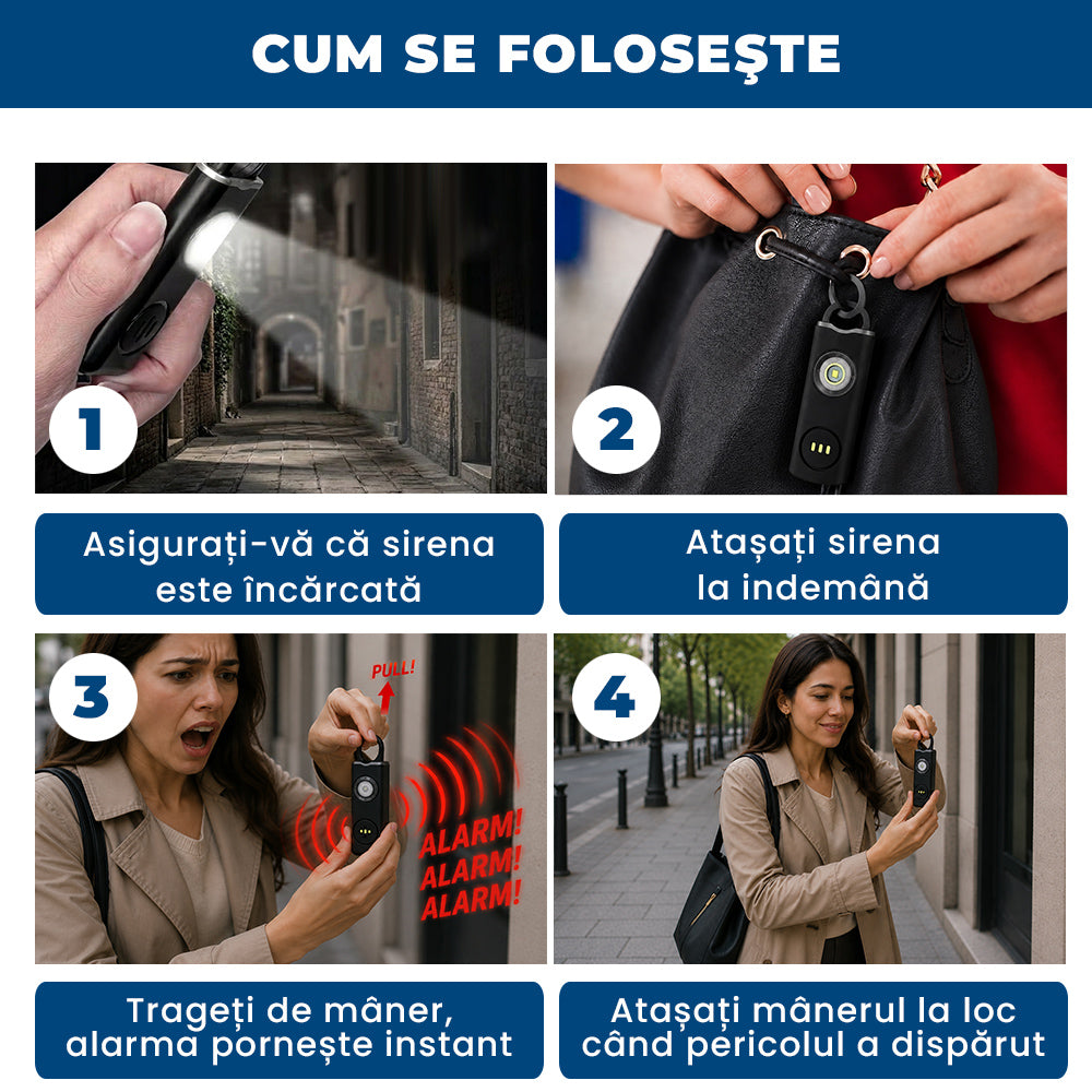 LadySafe Alarm – Sirenă de Urgență Portabilă tip Breloc cu Stroboscop