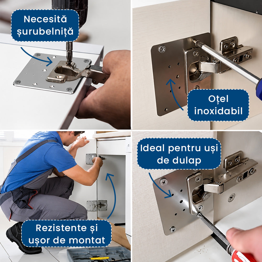 2+2 GRATIS: BalaFix Kit – Set Reparație Balamale cu Plăci din Oțel Inoxidabil