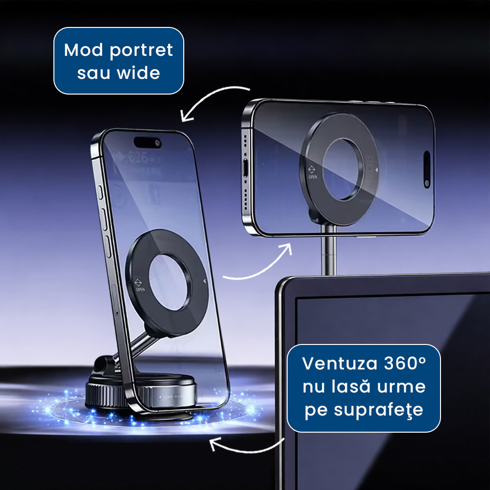 MagneHold Pro – Suport Magnetic cu Ventuză 360° pentru Telefon