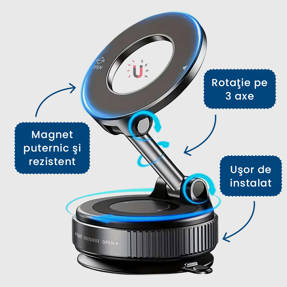 MagneHold Pro – Suport Magnetic cu Ventuză 360° pentru Telefon
