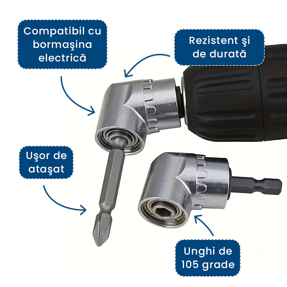 ȘuruFlex Pro – Adaptor Unghi Drept pentru Bormaşină cu 2 Bituri Incluse