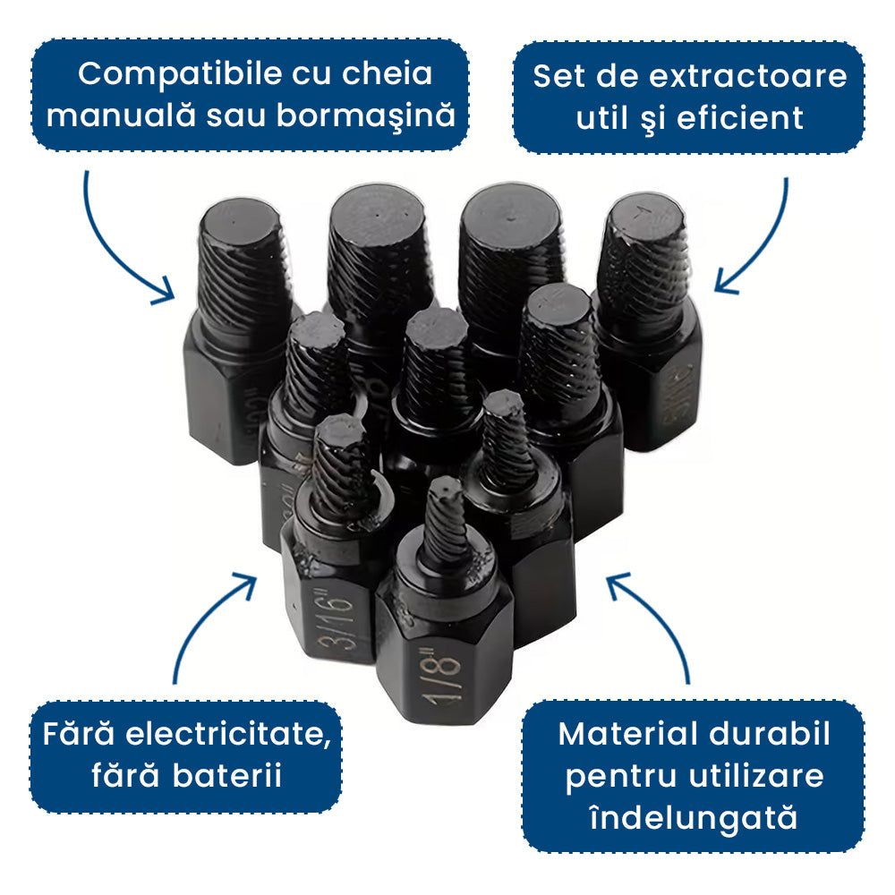 BoltFix Pro – Set de 10 Extractoare din Oțel Aliat pentru Îndepărtarea Șuruburilor Rupte