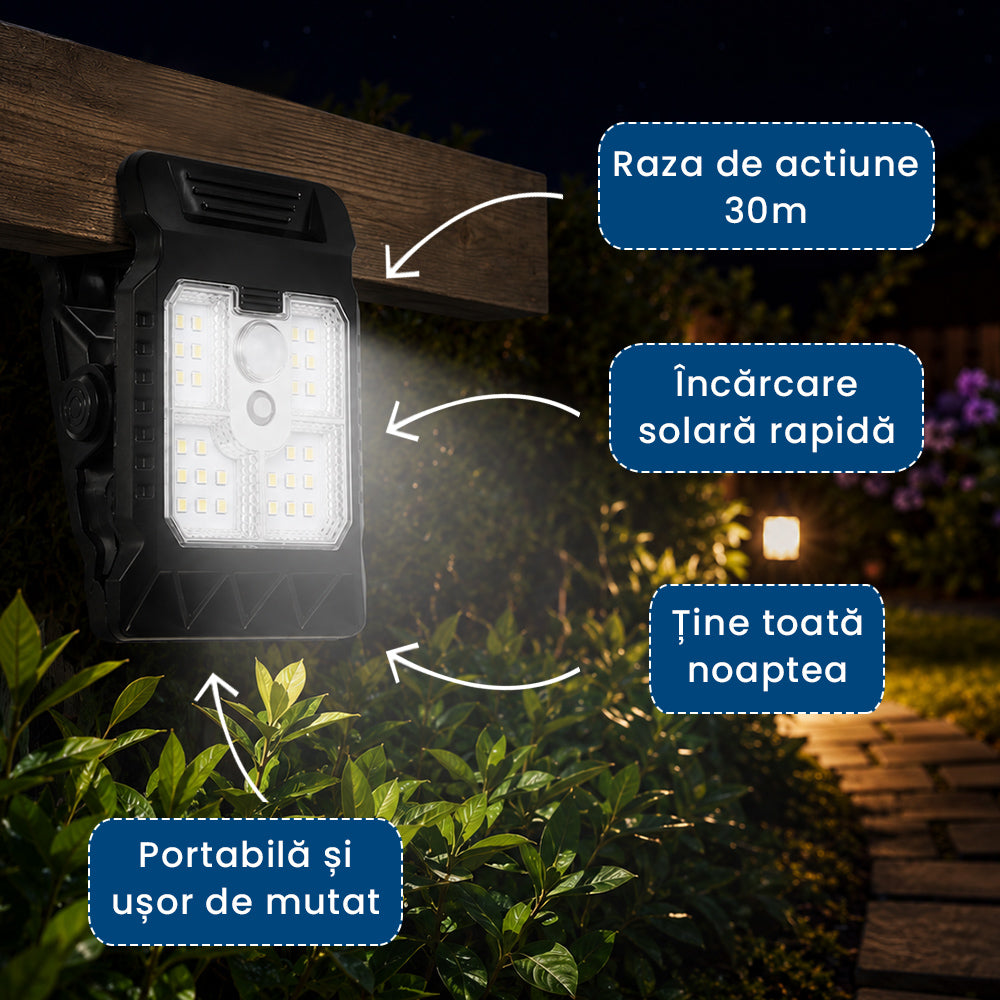 SolarClip Pro – Lampă Solară cu Clemă și Senzor de Mișcare pentru Exterior