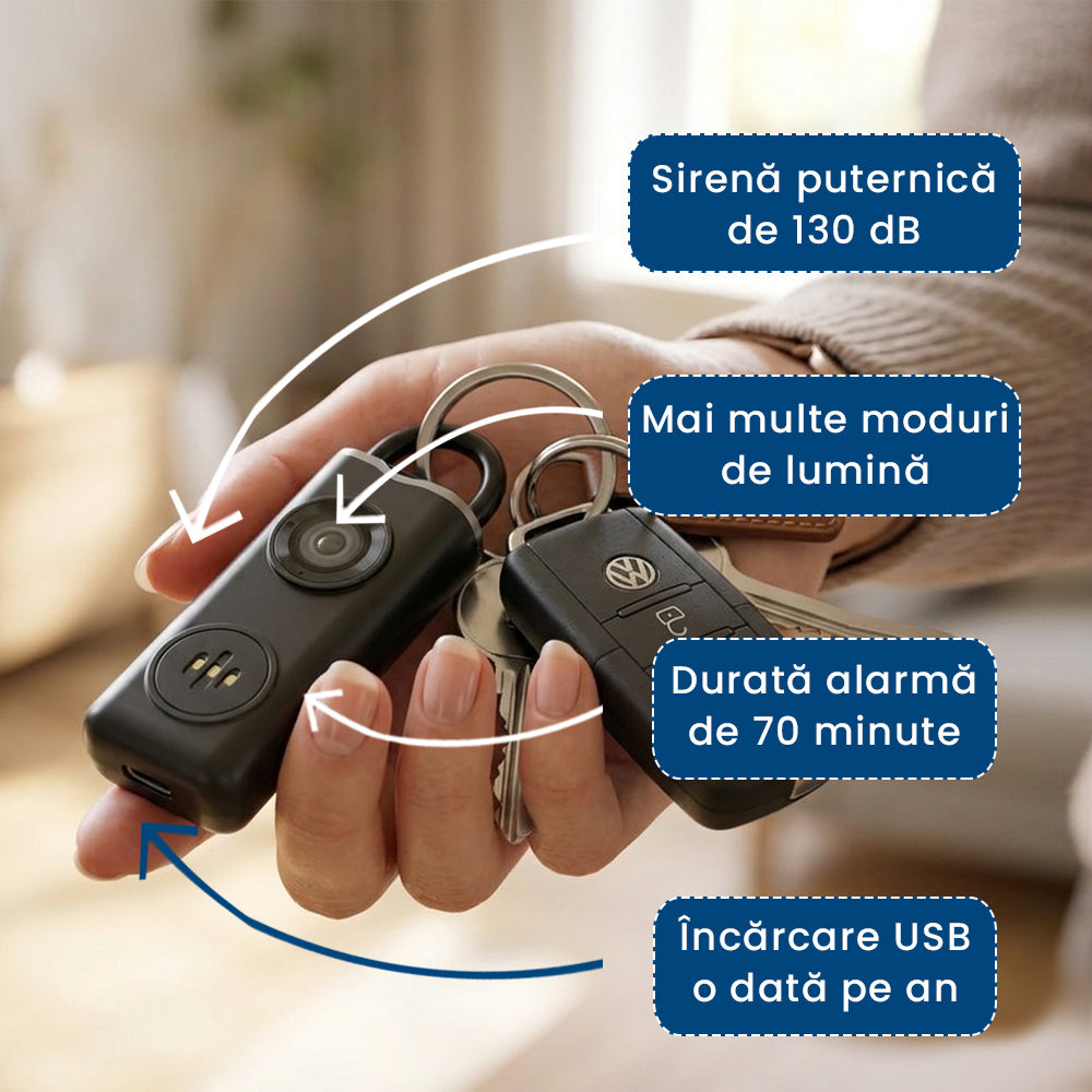 LadySafe Alarm – Sirenă de Urgență Portabilă tip Breloc cu Stroboscop