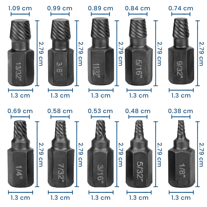 BoltFix Pro – Set de 10 Extractoare din Oțel Aliat pentru Îndepărtarea Șuruburilor Rupte