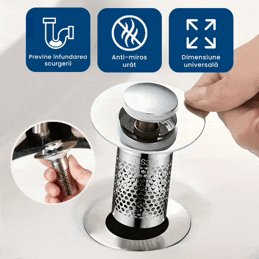 AquaDop – Dop Anti-Înfundare din Inox, Filtru Integrat, Potrivit pentru Scurgeri 3,2–4 cm