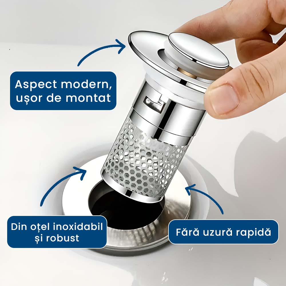 AquaDop – Dop Anti-Înfundare din Inox, Filtru Integrat, Potrivit pentru Scurgeri 3,2–4 cm