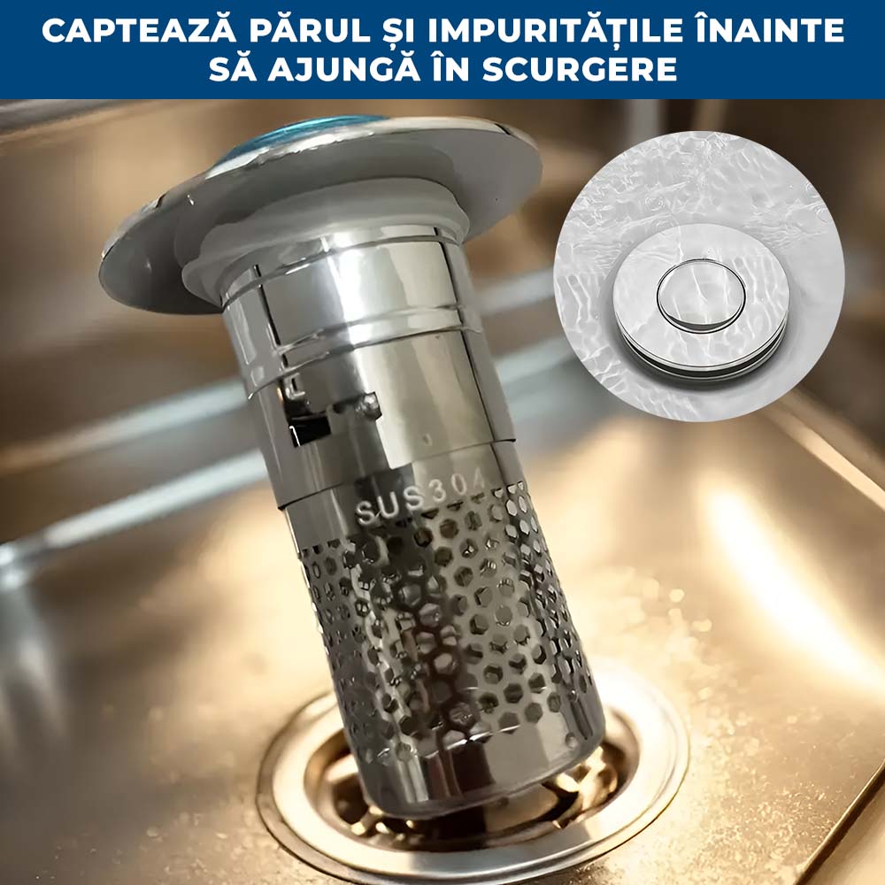 AquaDop – Dop Anti-Înfundare din Inox, Filtru Integrat, Potrivit pentru Scurgeri 3,2–4 cm