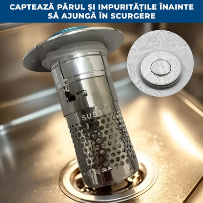 AquaDop – Dop Anti-Înfundare din Inox, Filtru Integrat, Potrivit pentru Scurgeri 3,2–4 cm