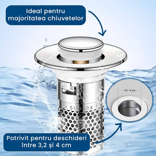 AquaDop – Dop Anti-Înfundare din Inox, Filtru Integrat, Potrivit pentru Scurgeri 3,2–4 cm