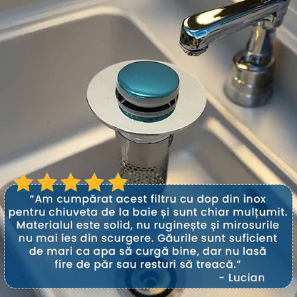 AquaDop – Dop Anti-Înfundare din Inox, Filtru Integrat, Potrivit pentru Scurgeri 3,2–4 cm