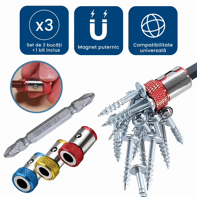 ȘuruMag – Set 3 Inele Magnetice pentru Bormașină sau Autofiletantă (Bit inclus)
