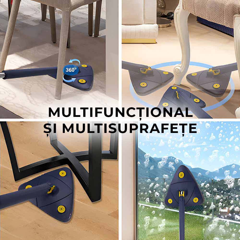 Mop Triunghiular Rotativ cu Mâner Telescopic și Stoarcere Automată