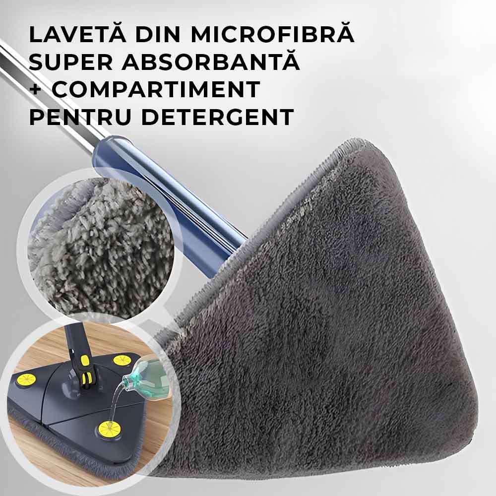 Mop Triunghiular Rotativ cu Mâner Telescopic și Stoarcere Automată