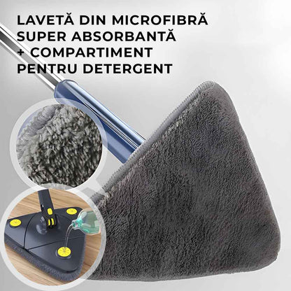 Mop Triunghiular Rotativ cu Mâner Telescopic și Stoarcere Automată