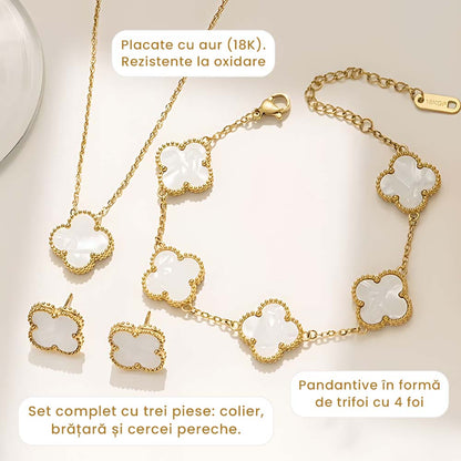Amelie - Set Colier, Cercei și Brățară Placat cu Aur 18K - Trifoi Alb Perlat