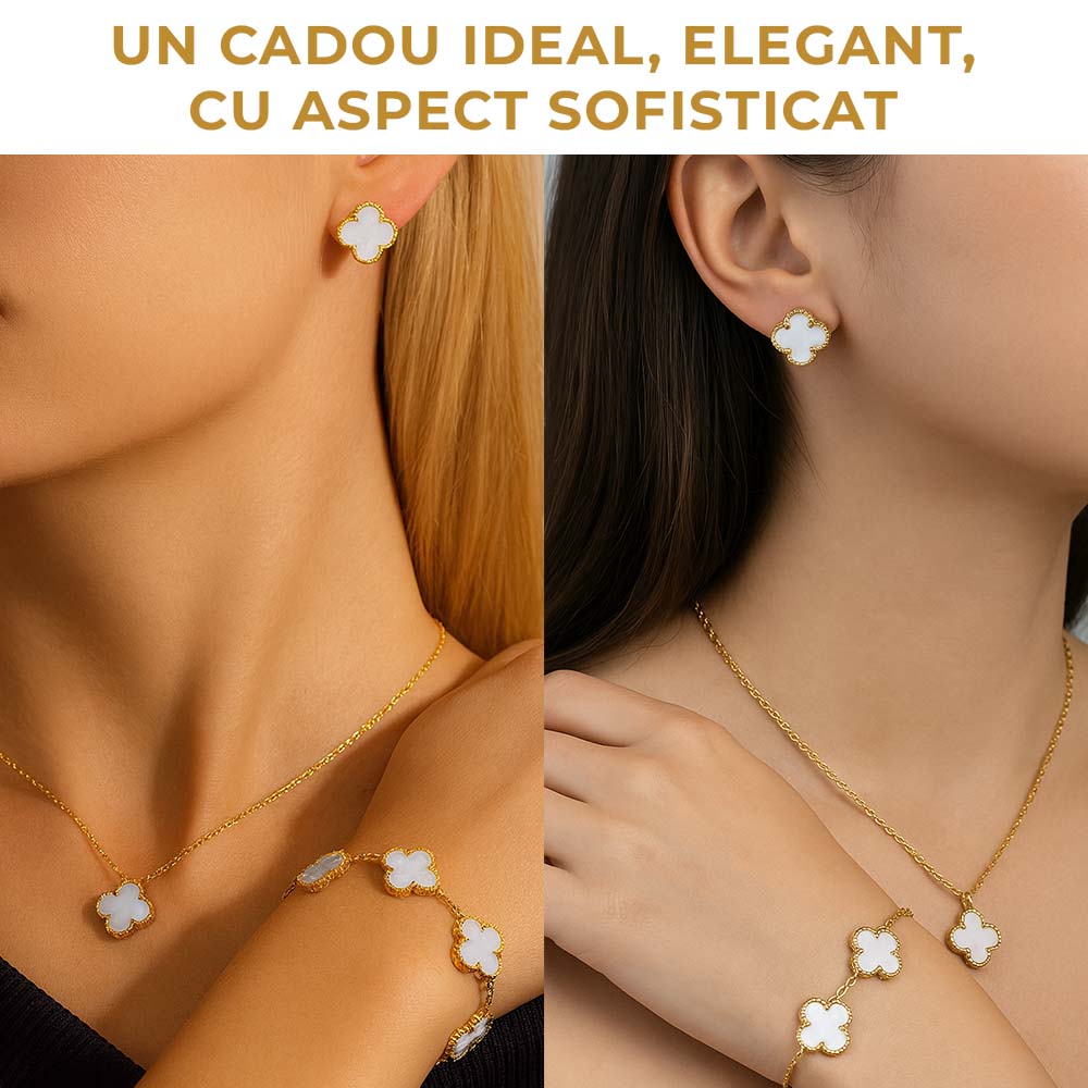 Amelie - Set Colier, Cercei și Brățară Placat cu Aur 18K - Trifoi Alb Perlat