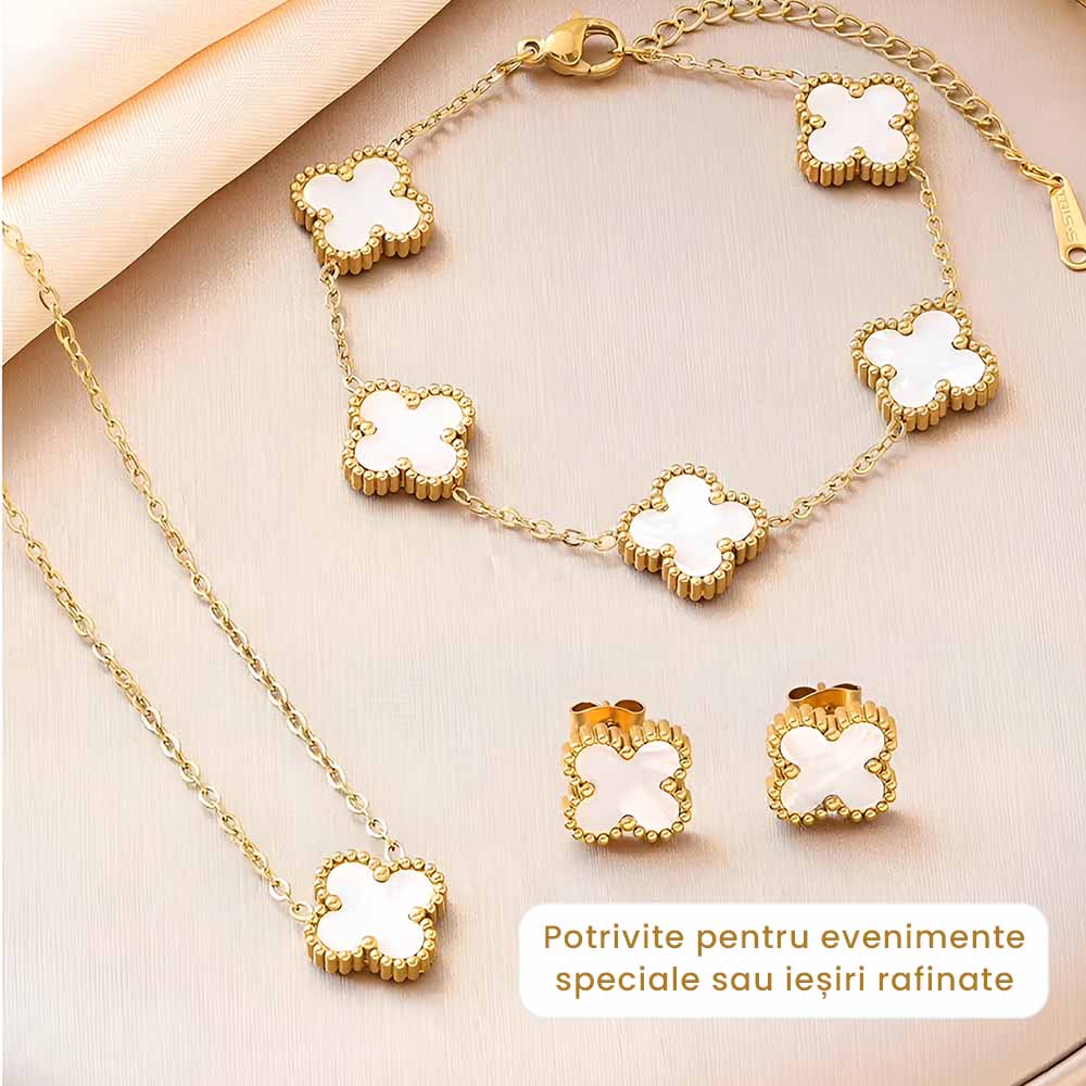 Amelie - Set Colier, Cercei și Brățară Placat cu Aur 18K - Trifoi Alb Perlat