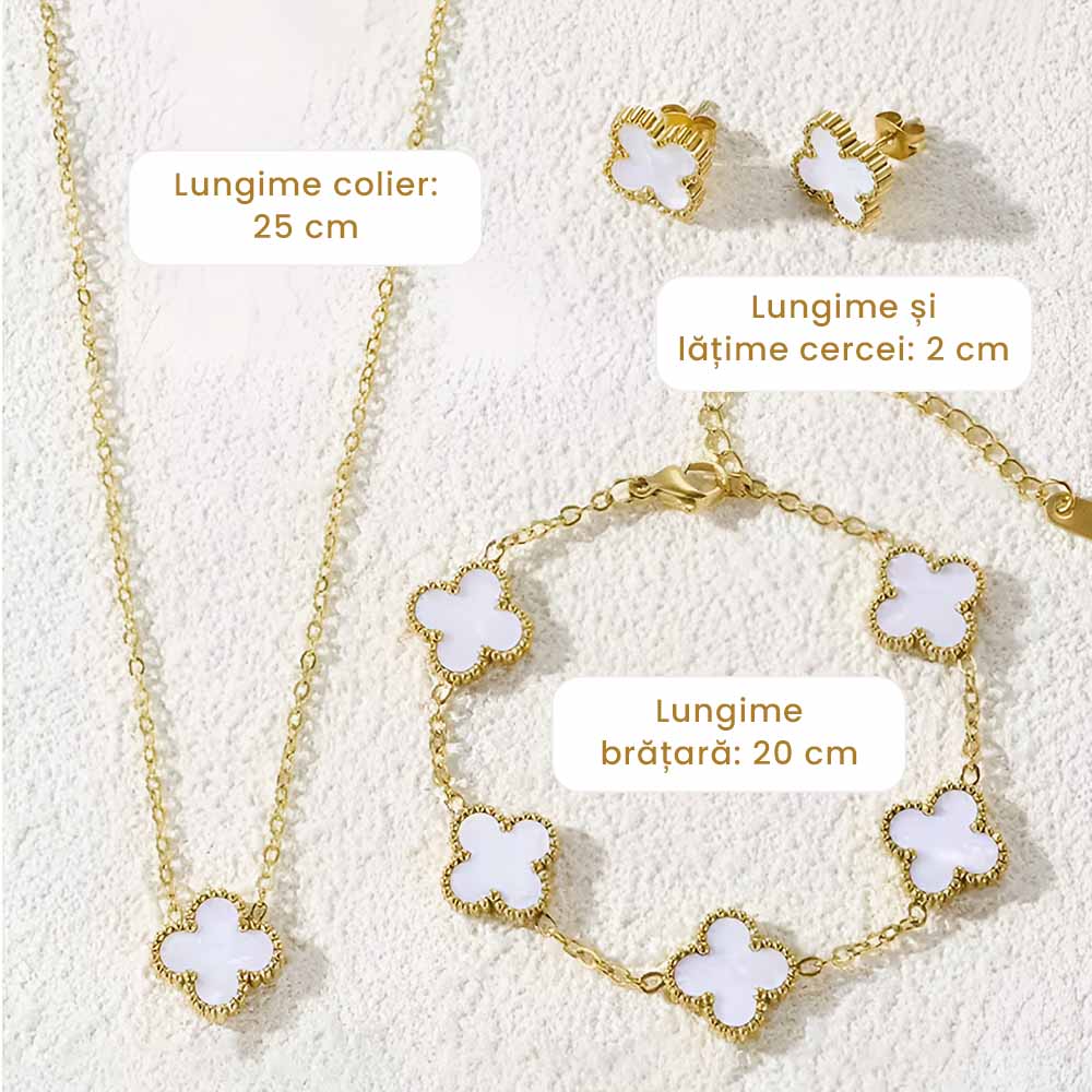 Amelie - Set Colier, Cercei și Brățară Placat cu Aur 18K - Trifoi Alb Perlat