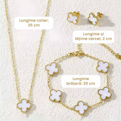 Amelie - Set Colier, Cercei și Brățară Placat cu Aur 18K - Trifoi Alb Perlat