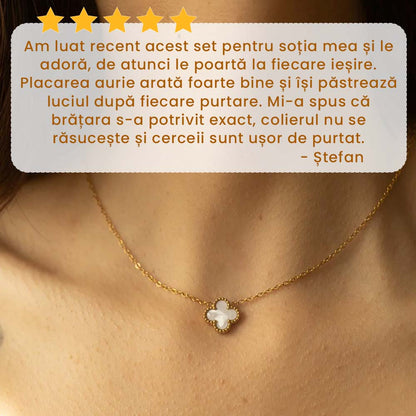 Amelie - Set Colier, Cercei și Brățară Placat cu Aur 18K - Trifoi Alb Perlat