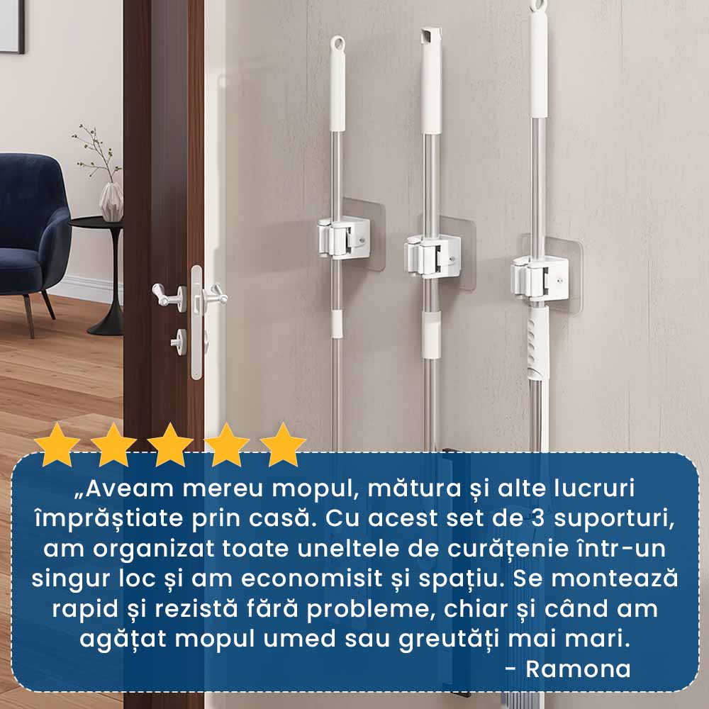 OrgaMop Pro – Suport Autoadeziv pentru Mopuri și Mături (Set de 3)