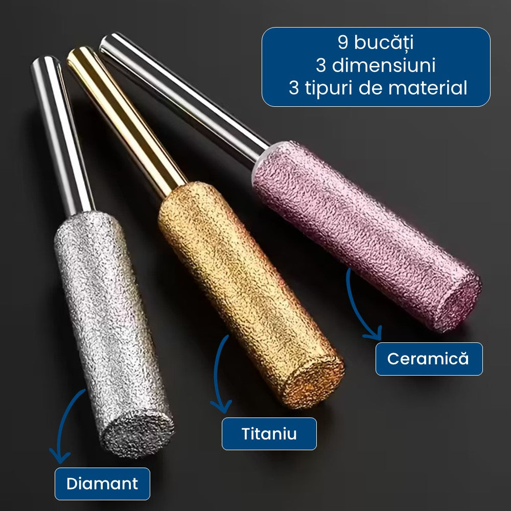 Drujbix Pro – Set Complet 9 Capete pentru Ascuțit Drujba (3 dimensiuni x 3 materiale)